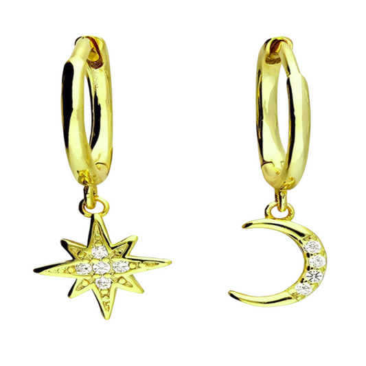 Moon & Star Huggie Hoops 18ct Yellow Gold Plate